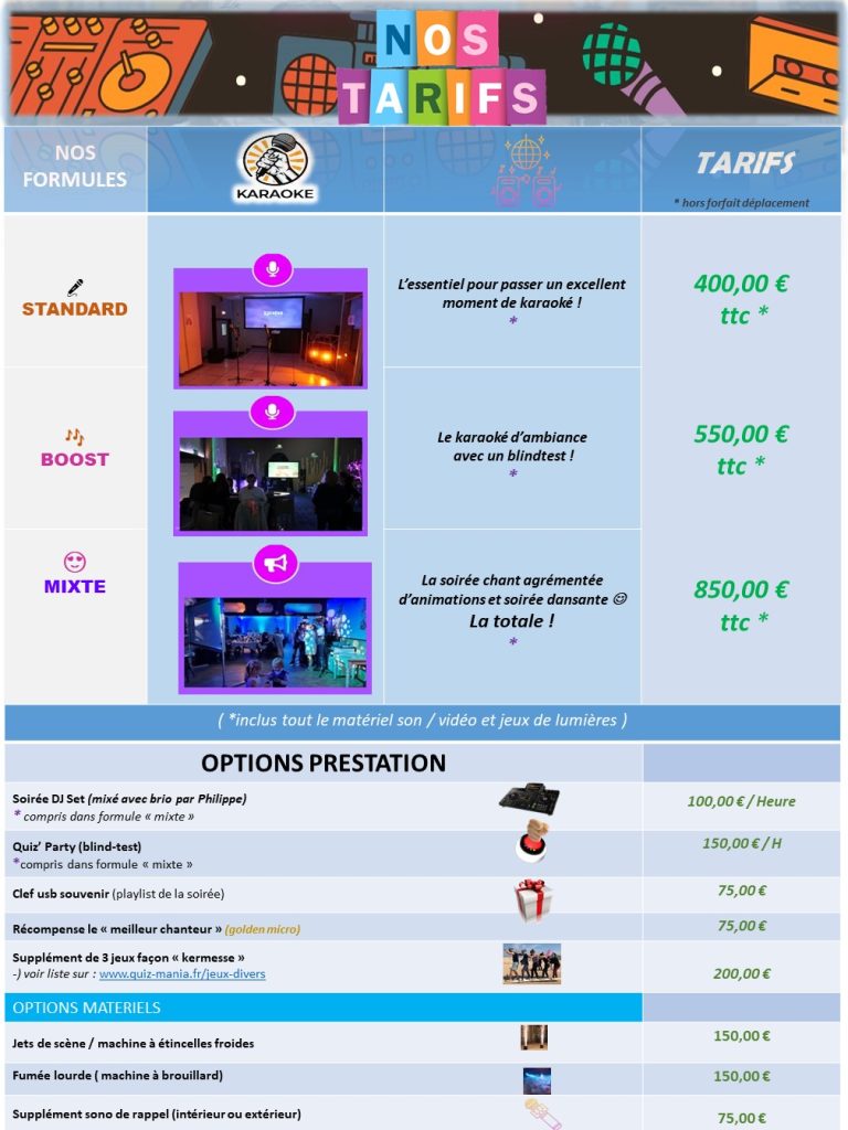 tarifs quiz karaoké l'heure bleue animation Clermont