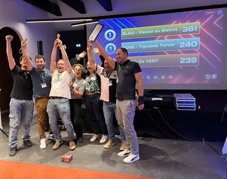 Équipe gagnante qui célèbre devant l'écran des scores d'un quiz d'entreprise