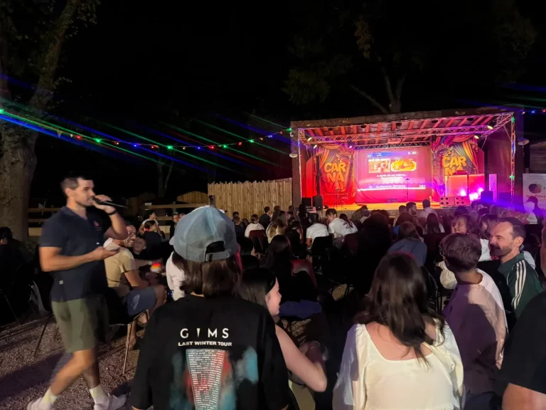 Public réuni devant une scène en plein air pendant une soirée animée